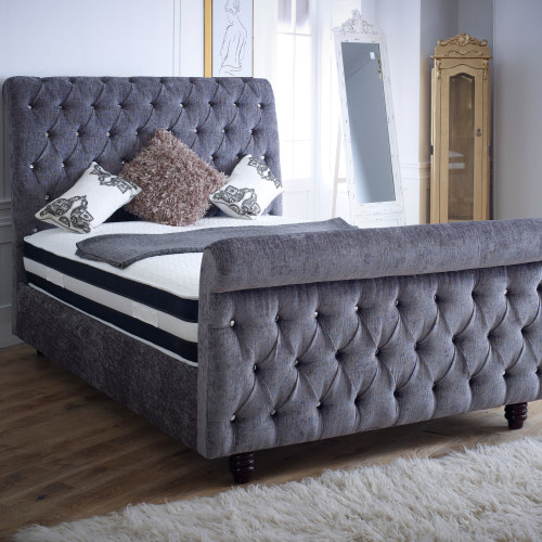 Scroll back  Sleigh Design Chesterfield Upholstered  Sleigh Bed Frame -Montreal 