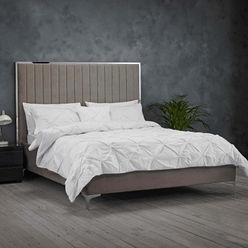  Silver Trim Lined Bed Frame Soft Mink Grey velvet Double  And King Size - Berkeley